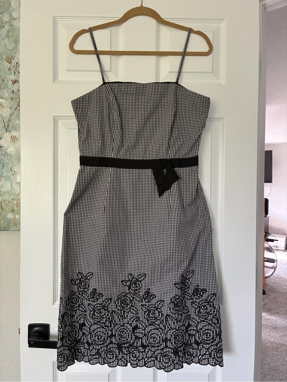Alexandra Bartlett Black & Gingham Midi Dress with Floral Lace Hem